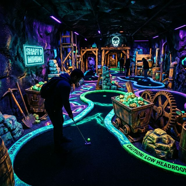 Indoor UV minigolf s neonovým osvětlením